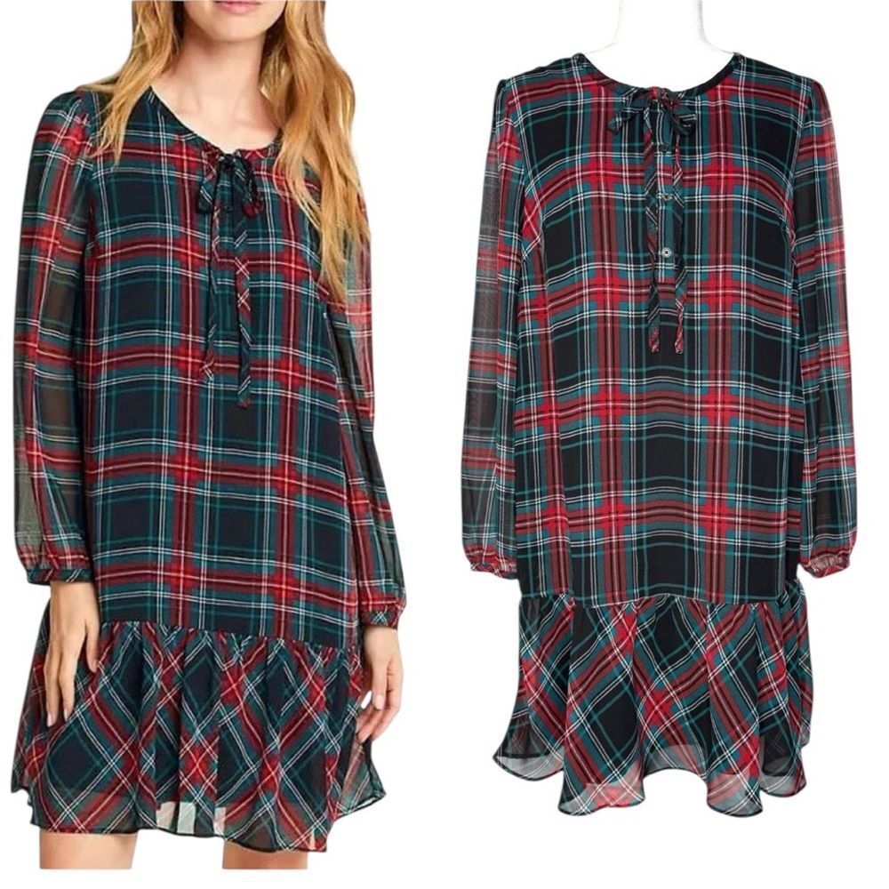 DRAPER JAMES PLAID RED/GREEN TIE-NECK SHIFT LONG SLEEVE DRESS WOMENS SIZE SMALL
